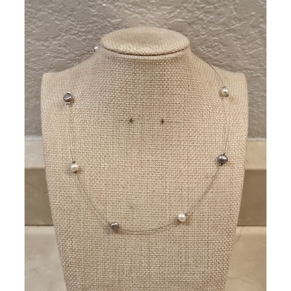 Vintage Sterling Silver & Stationary Spaced Pearl‎ Necklace 16"